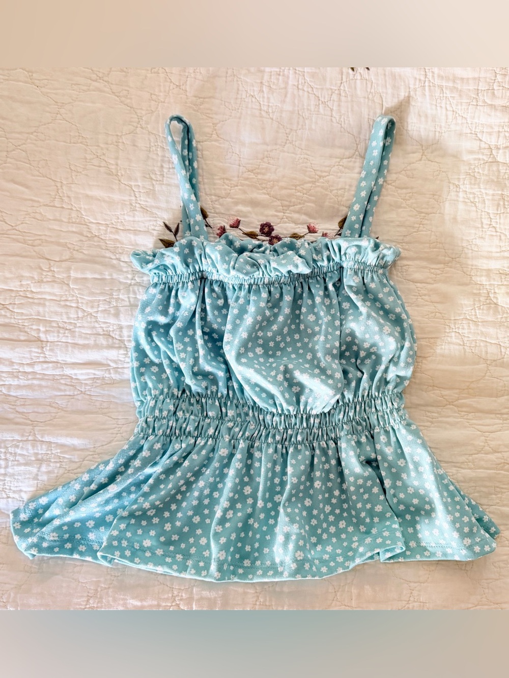 Girls Aqua Floral Smocked Tank Top